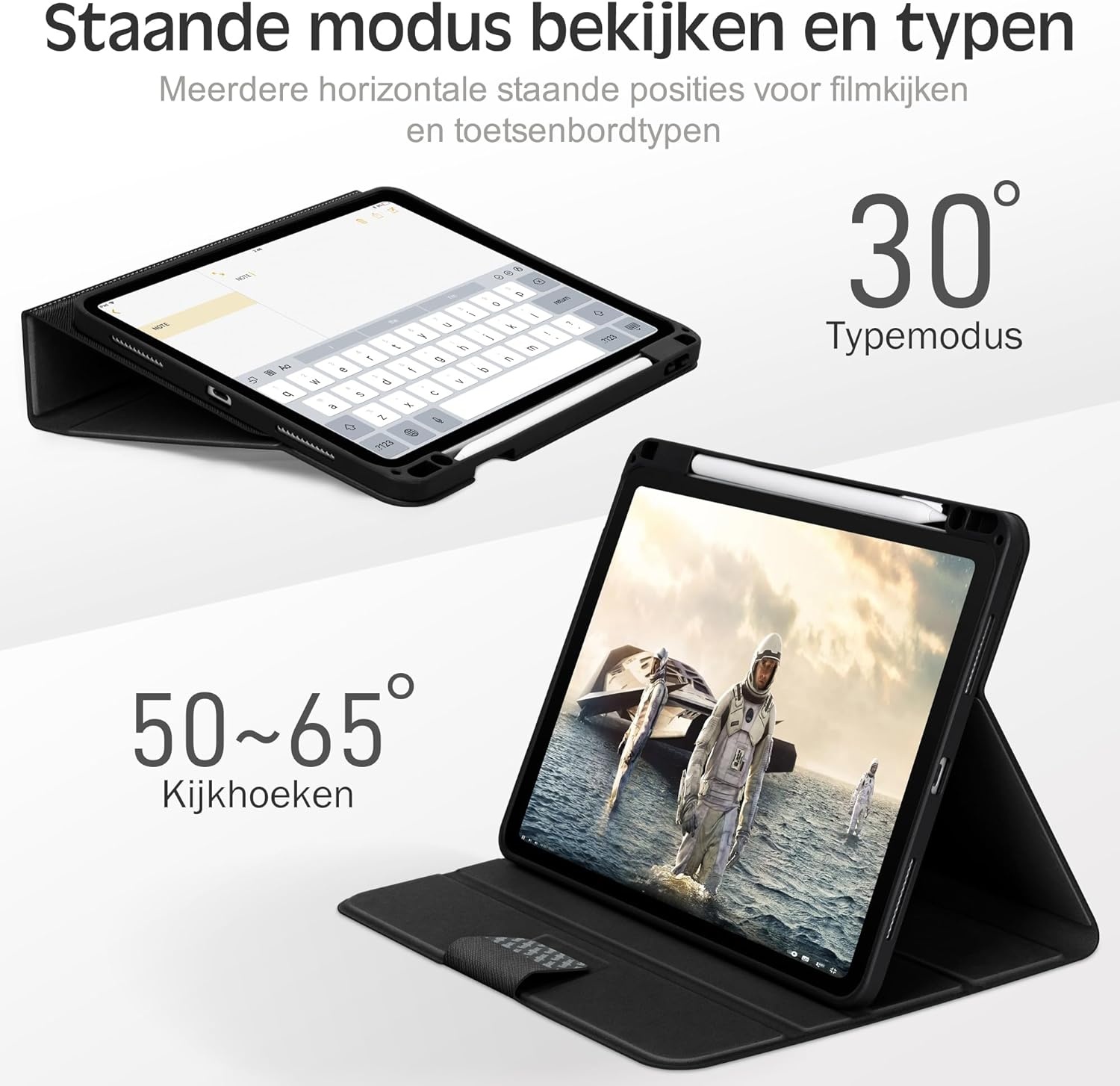 KingBlanc Hoes voor iPad Air 5e/4e generatie 2022/2020 met Apple Pencil-houder, veganistisch leer Smart Folio, verstelbare multi-standaard, Case voor iPad Air 10,9" - zwart
