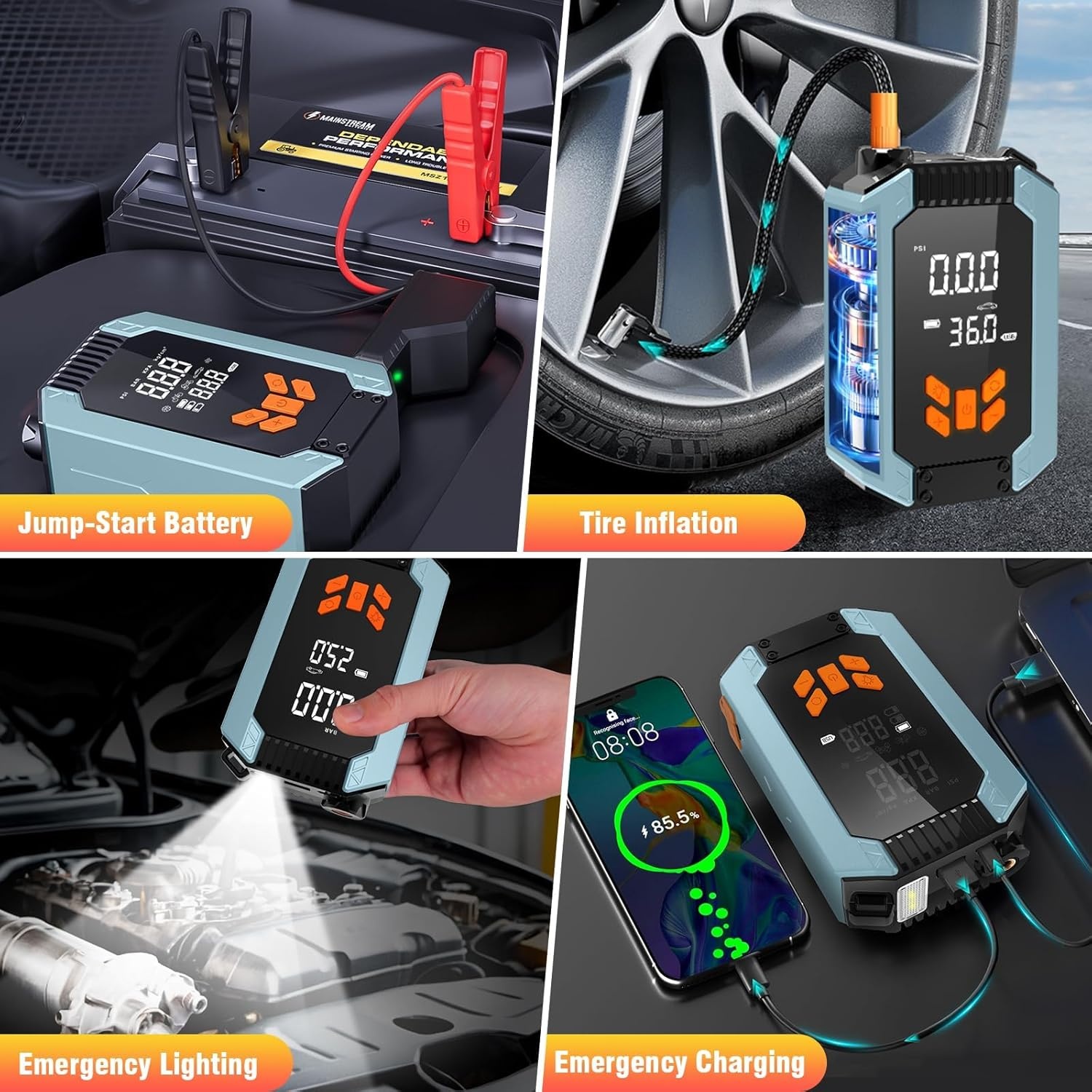 Starthulp Powerbank met compressor, 150PSI 4000A auto starthulp voor 9,0 L benzine en 8,0 L diesel, 12V voertuigstarter powerbank met LCD-scherm, LED-zaklamp, bandenspanningsmeter