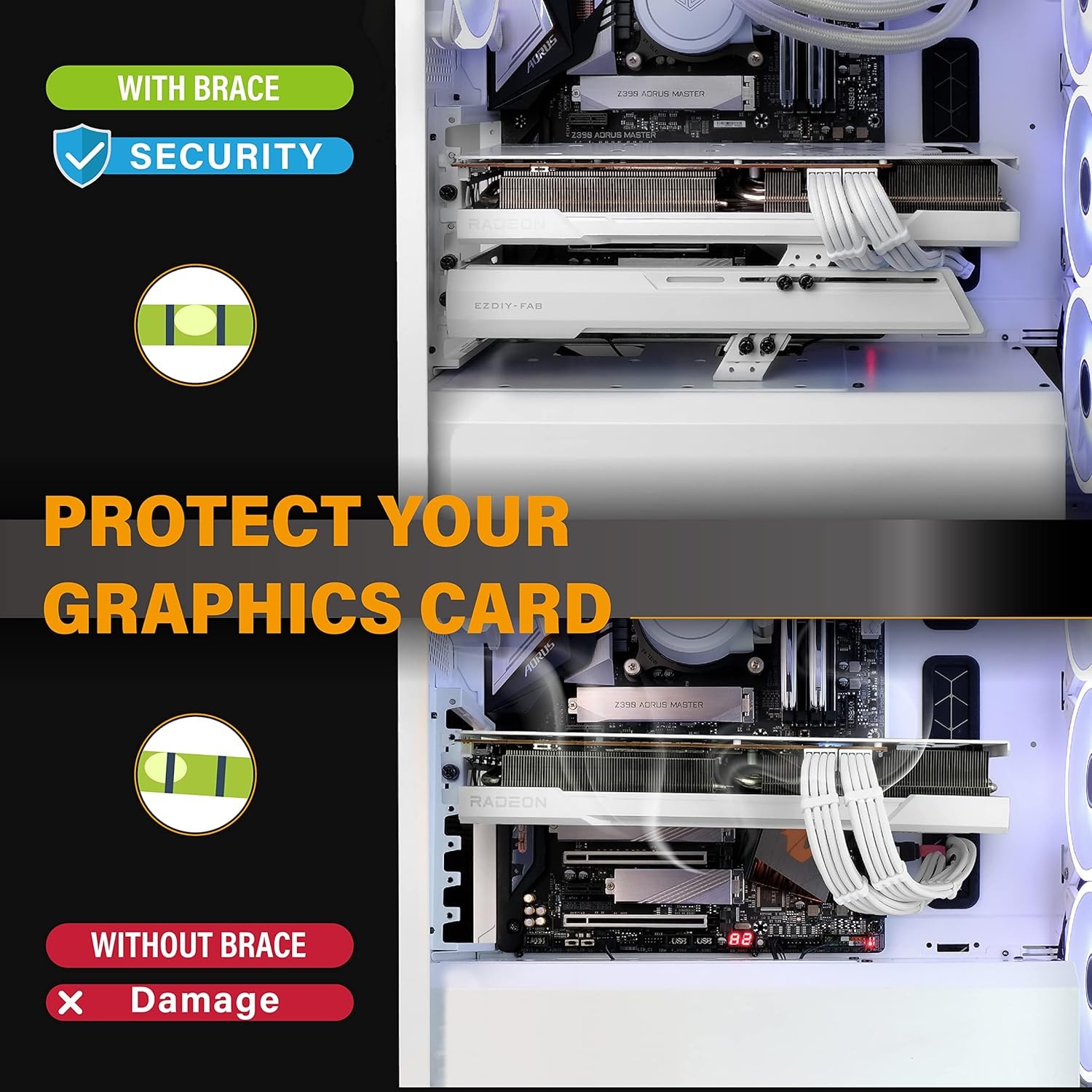 EZDIY-FAB GPU-houder brace grafische kaart GPU ondersteuning videokaarthouder beugel, draadbare structuur, videokaart sag houder/holster beugel ondersteuning RX7990XTX, RTX4090-wit