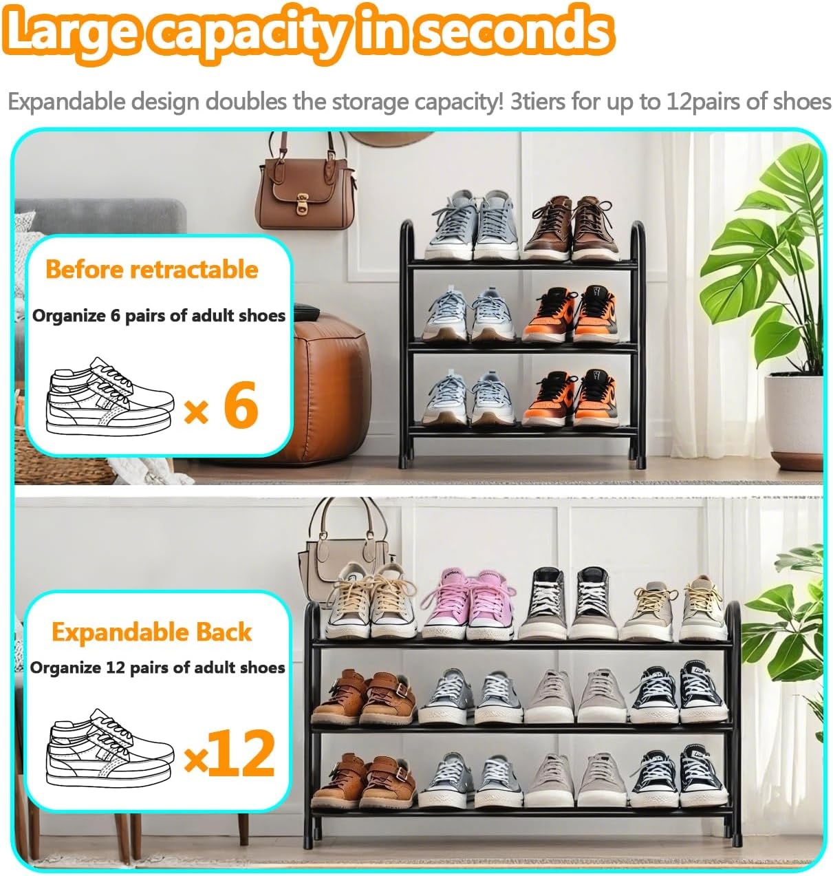 Schoenenrek, smal, uittrekbaar, ruimtebesparend, verstelbaar, uitbreidbaar, klein, metaal, schoenenkast, zwart, schoenenrek, schoenenrek, outdoor, camping, hal (3 etages) (3 lagen)