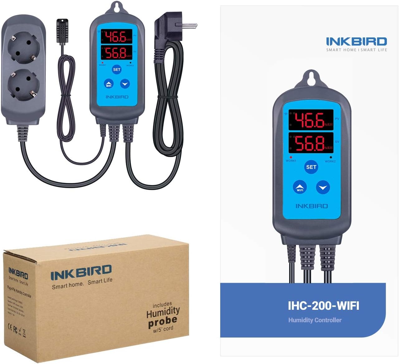 Inkbird IHC-200 WiFi Digitale Hygrometer, Vochtigheidsregelaar en met Dual Relays, voor Luchtbevochtiger en Ontvochtiger, App Besturing voor Kas, Tuin, Kelder, Fermentatie, Roken