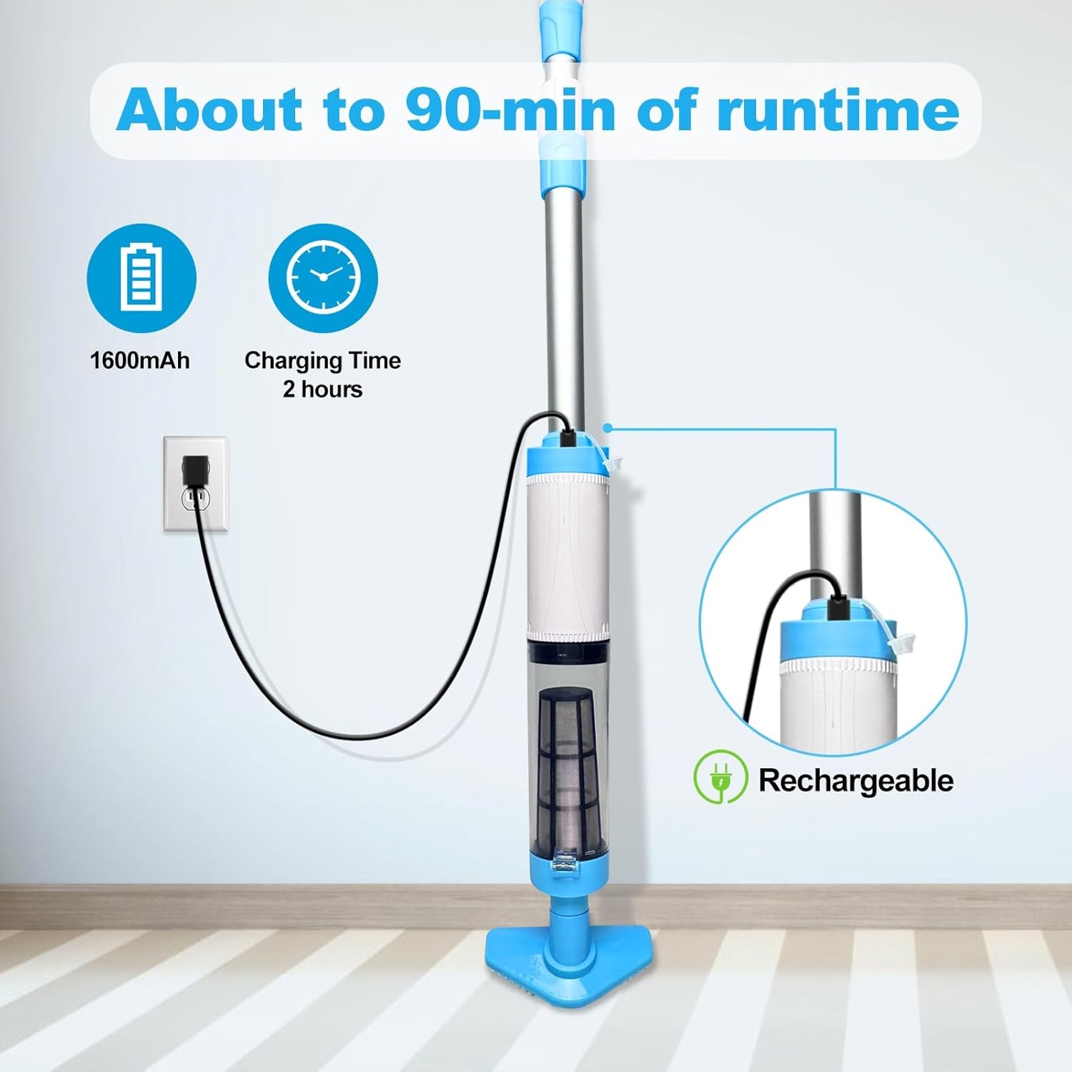 3-in-1 Zwembadstofzuiger met Accu, Zwembadzuiger Draadloze, Zwembadreiniger met Telescopische Staaf, Handstofzuiger voor Kleine Zwembaden, Spa's, Bubbelbaden, 90-Minuten Looptijd, Blauw