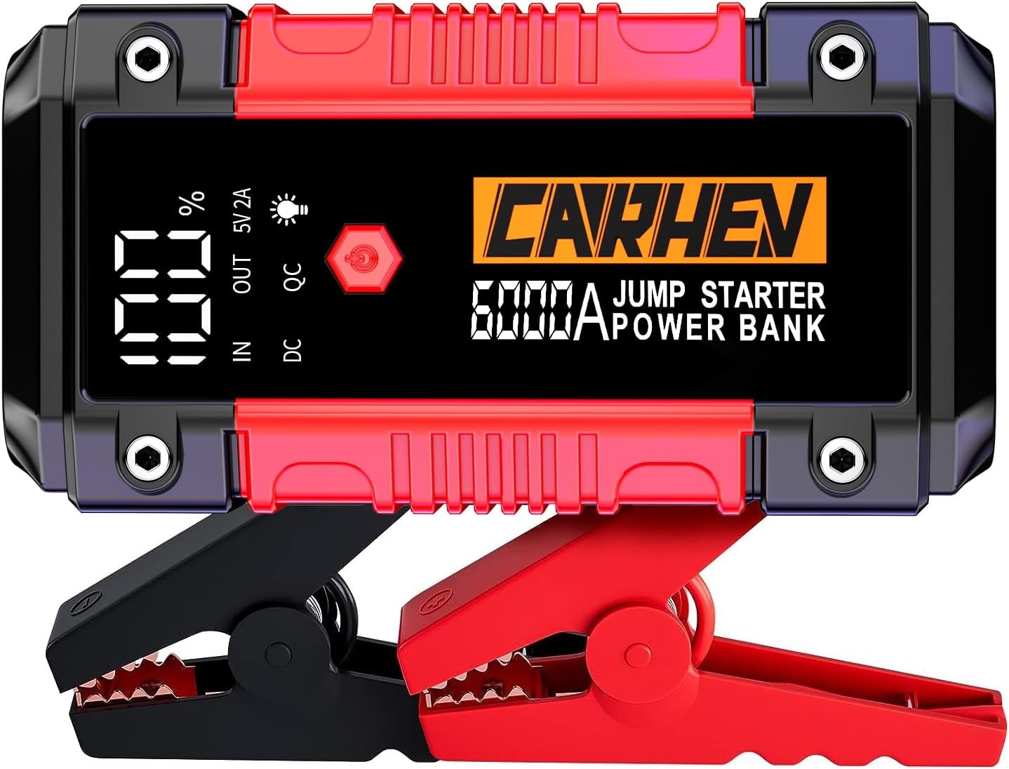 CARHEV 6000A Auto Starthulp Pack, Startbooster, Jump starter, Power bank en Startkabel voor 10L Benzinemotor of 10L Dieslmotor, met USB Quick Charge 3.0 Pack Type-C Draagbare Autoaccu starter.