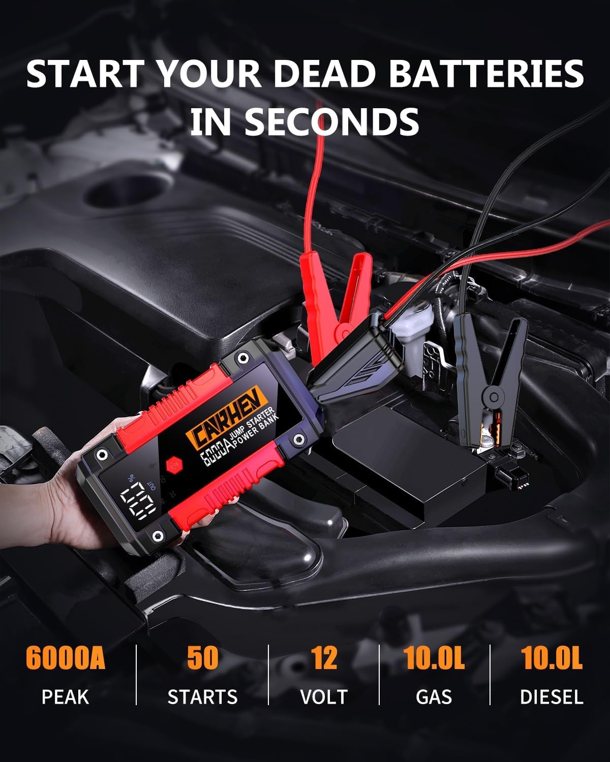 CARHEV 6000A Auto Starthulp Pack, Startbooster, Jump starter, Power bank en Startkabel voor 10L Benzinemotor of 10L Dieslmotor, met USB Quick Charge 3.0 Pack Type-C Draagbare Autoaccu starter.