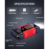 CARHEV 6000A Auto Starthulp Pack, Startbooster, Jump starter, Power bank en Startkabel voor 10L Benzinemotor of 10L Dieslmotor, met USB Quick Charge 3.0 Pack Type-C Draagbare Autoaccu starter.