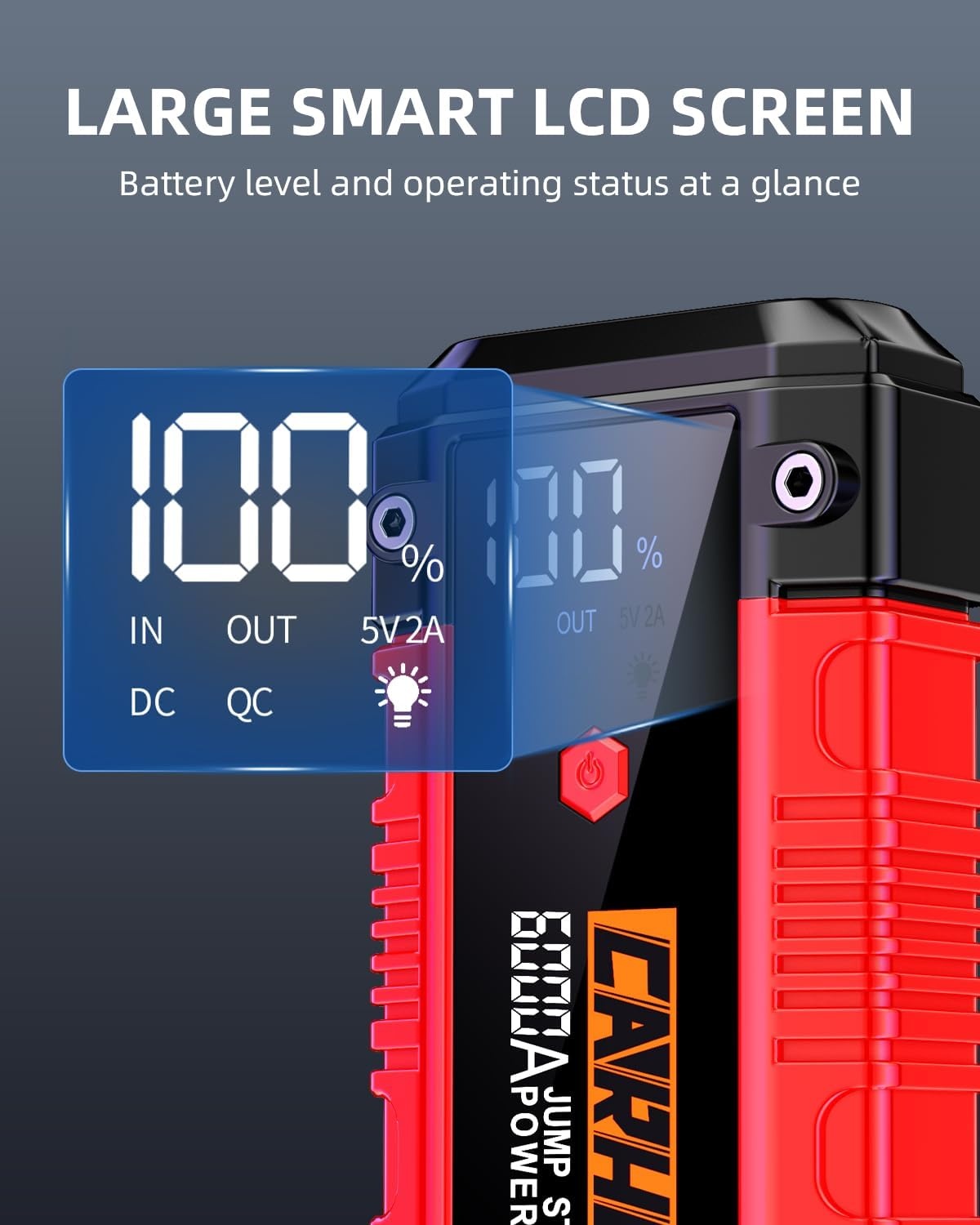 CARHEV 6000A Auto Starthulp Pack, Startbooster, Jump starter, Power bank en Startkabel voor 10L Benzinemotor of 10L Dieslmotor, met USB Quick Charge 3.0 Pack Type-C Draagbare Autoaccu starter.