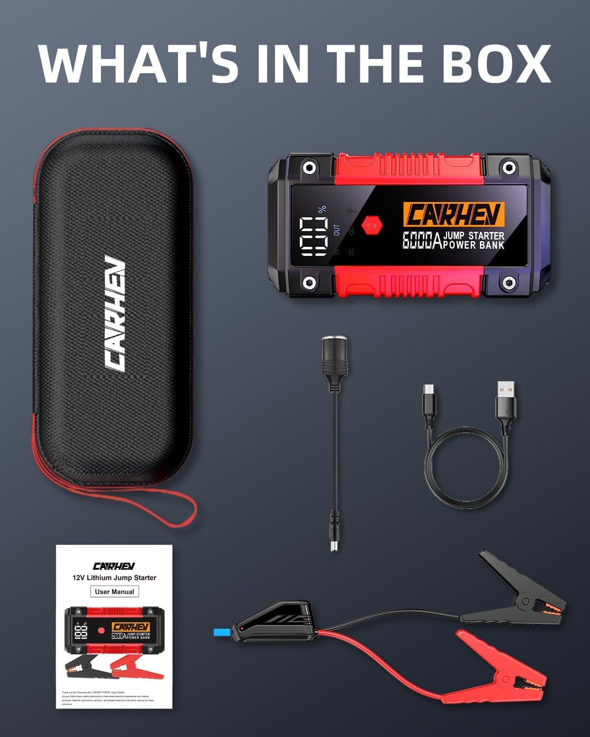 CARHEV 6000A Auto Starthulp Pack, Startbooster, Jump starter, Power bank en Startkabel voor 10L Benzinemotor of 10L Dieslmotor, met USB Quick Charge 3.0 Pack Type-C Draagbare Autoaccu starter.