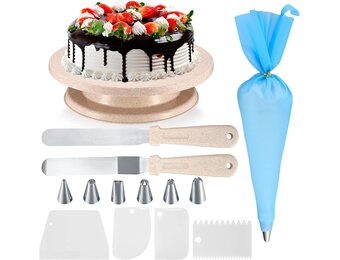 Taartbord, draaibare taartstandaard, taartplateau, taartdecoratie sets, draaiplateau voor taartdecoratie met taartschepjes, pannenschuivers, taartpijpzakjes en spuittips