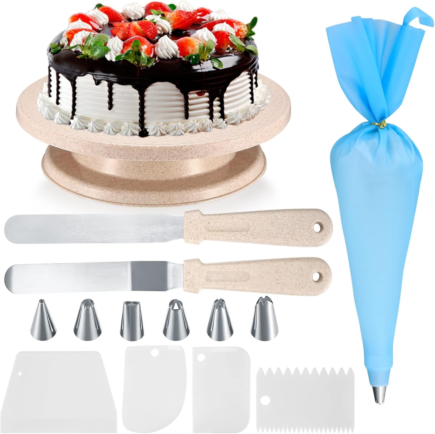 Taartbord, draaibare taartstandaard, taartplateau, taartdecoratie sets, draaiplateau voor taartdecoratie met taartschepjes, pannenschuivers, taartpijpzakjes en spuittips
