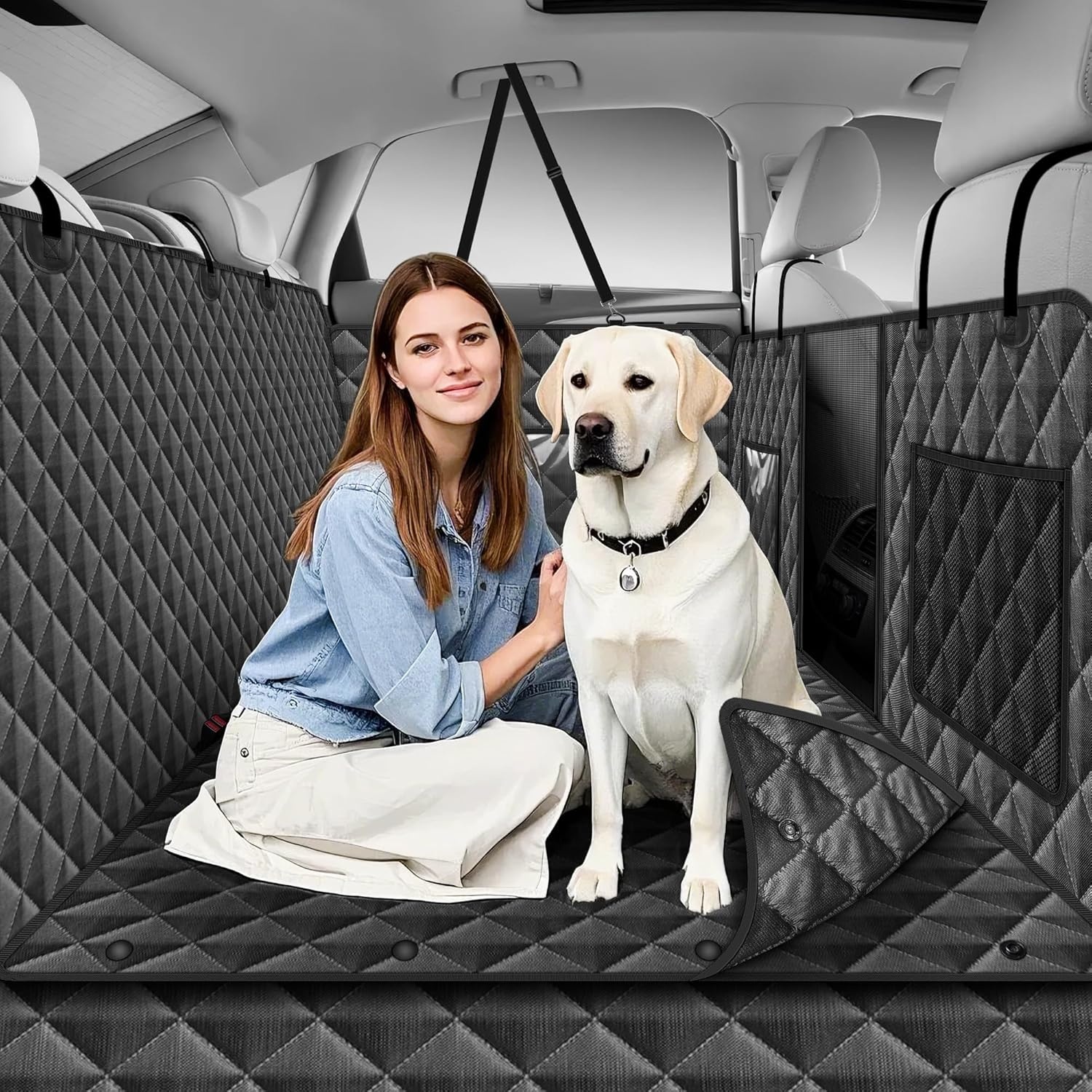 Richeer Dubbel gevoerde hondendeken, hondendeken voor de achterbank van de auto, met 2 stabiele lijnen, verlenging voor honden, autoachterbankvloer met zachte en afneembare bodem, waterdicht,