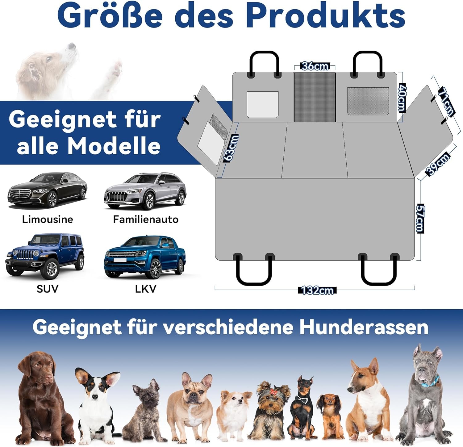 Richeer Dubbel gevoerde hondendeken, hondendeken voor de achterbank van de auto, met 2 stabiele lijnen, verlenging voor honden, autoachterbankvloer met zachte en afneembare bodem, waterdicht,