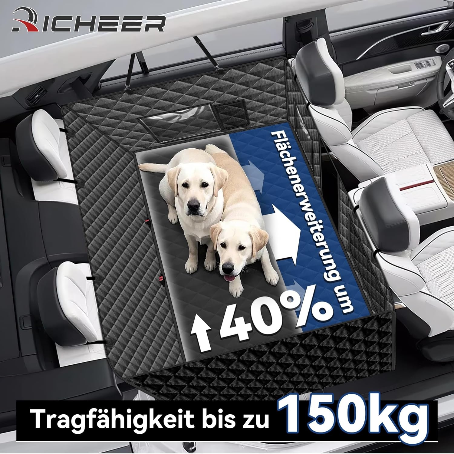 Richeer Dubbel gevoerde hondendeken, hondendeken voor de achterbank van de auto, met 2 stabiele lijnen, verlenging voor honden, autoachterbankvloer met zachte en afneembare bodem, waterdicht,