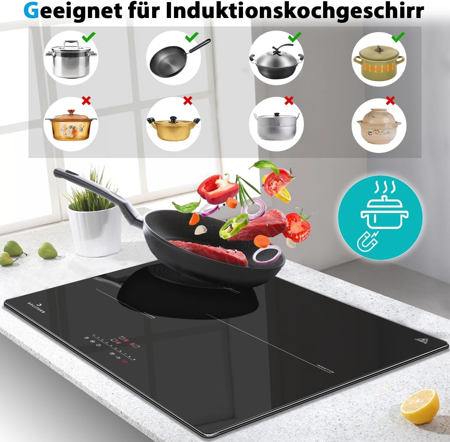 Inductiekookplaat 3 zones, kookplaat 3 platen, inductiekookplaat zelfvoorzienend, inbouw kookplaat 59 cm met frame