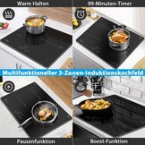 Inductiekookplaat 3 zones, kookplaat 3 platen, inductiekookplaat zelfvoorzienend, inbouw kookplaat 59 cm met frame