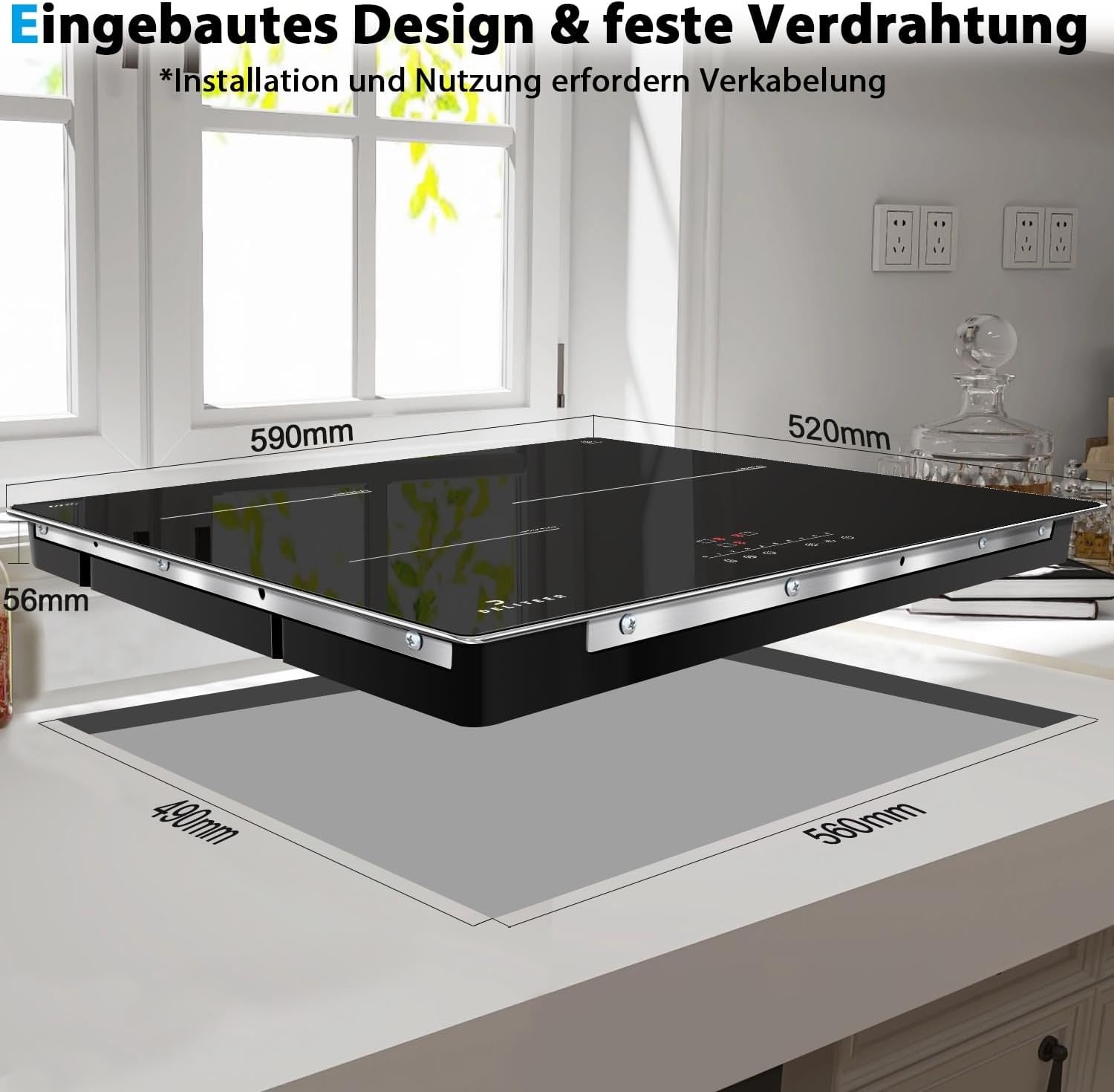 Inductiekookplaat 3 zones, kookplaat 3 platen, inductiekookplaat zelfvoorzienend, inbouw kookplaat 59 cm met frame
