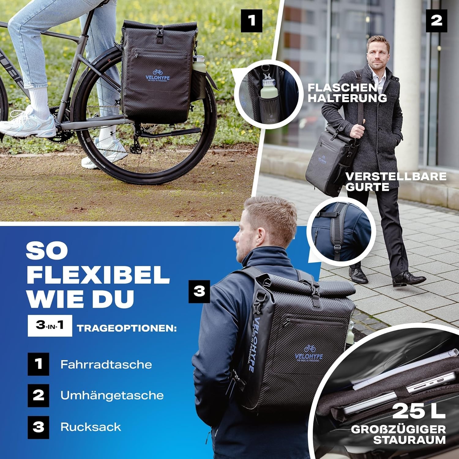 Carbon-hydroguard, 3-in-1 fietstas met helmnet voor bagagedrager, bagagedragertas, rugzak en schoudertas, 25 liter, fietstas waterdicht en reflecterend