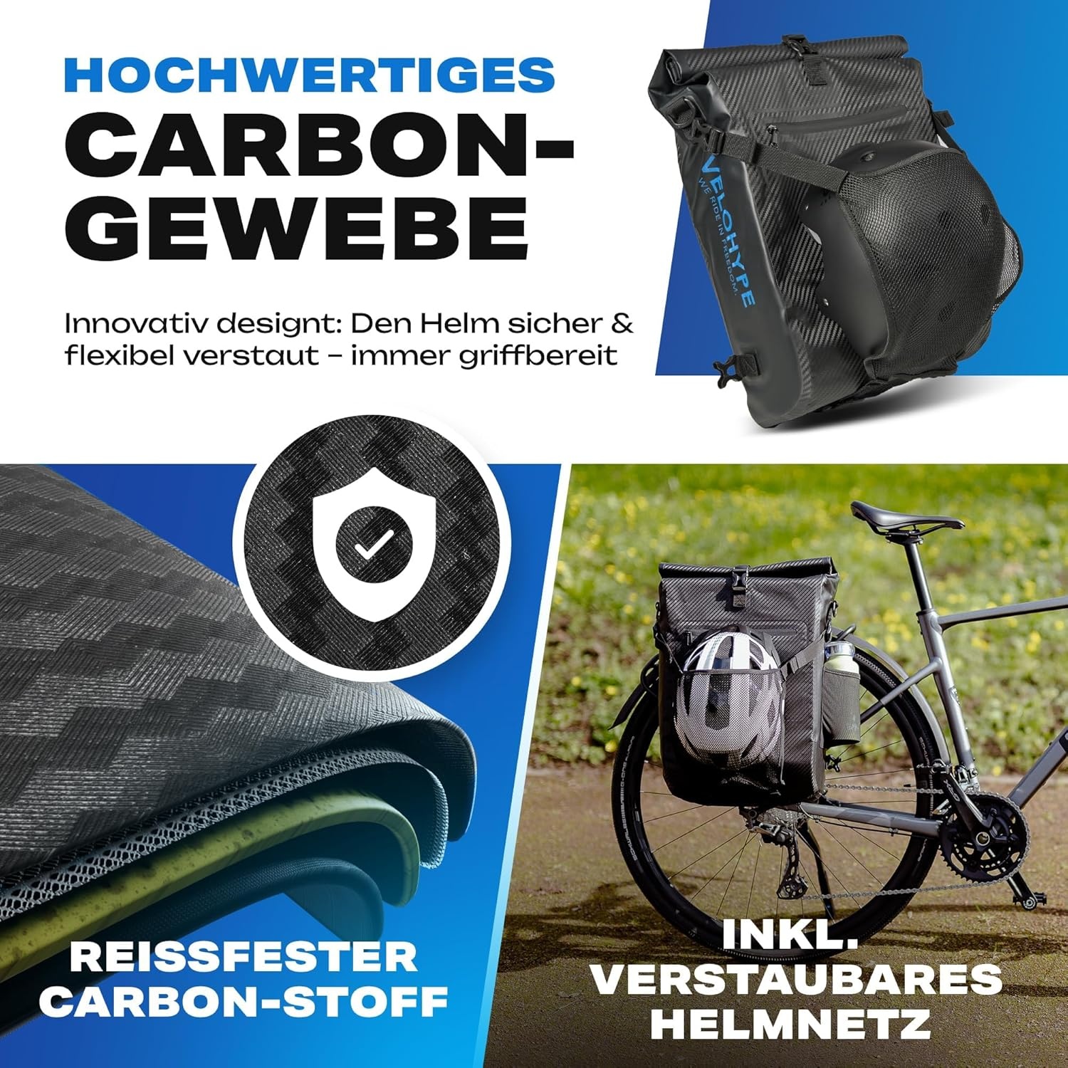 Carbon-hydroguard, 3-in-1 fietstas met helmnet voor bagagedrager, bagagedragertas, rugzak en schoudertas, 25 liter, fietstas waterdicht en reflecterend