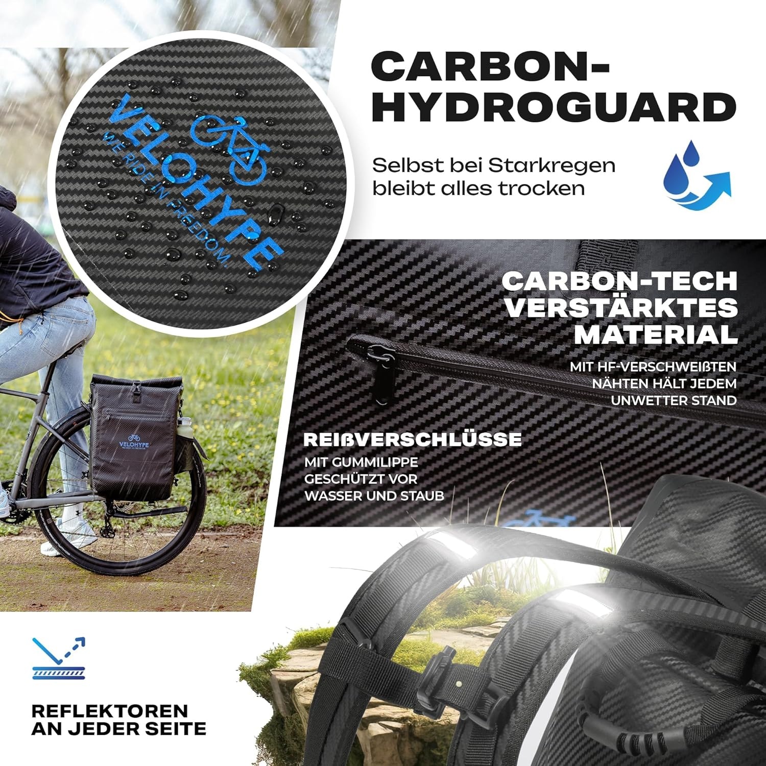 Carbon-hydroguard, 3-in-1 fietstas met helmnet voor bagagedrager, bagagedragertas, rugzak en schoudertas, 25 liter, fietstas waterdicht en reflecterend