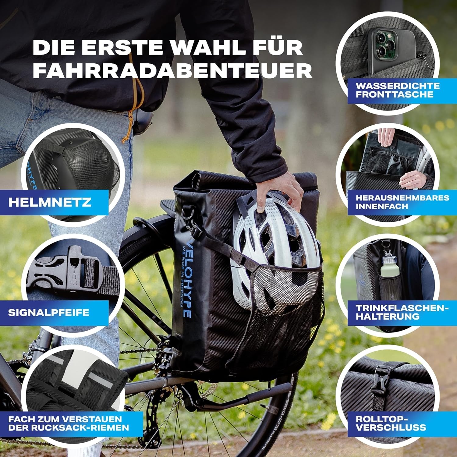 Carbon-hydroguard, 3-in-1 fietstas met helmnet voor bagagedrager, bagagedragertas, rugzak en schoudertas, 25 liter, fietstas waterdicht en reflecterend