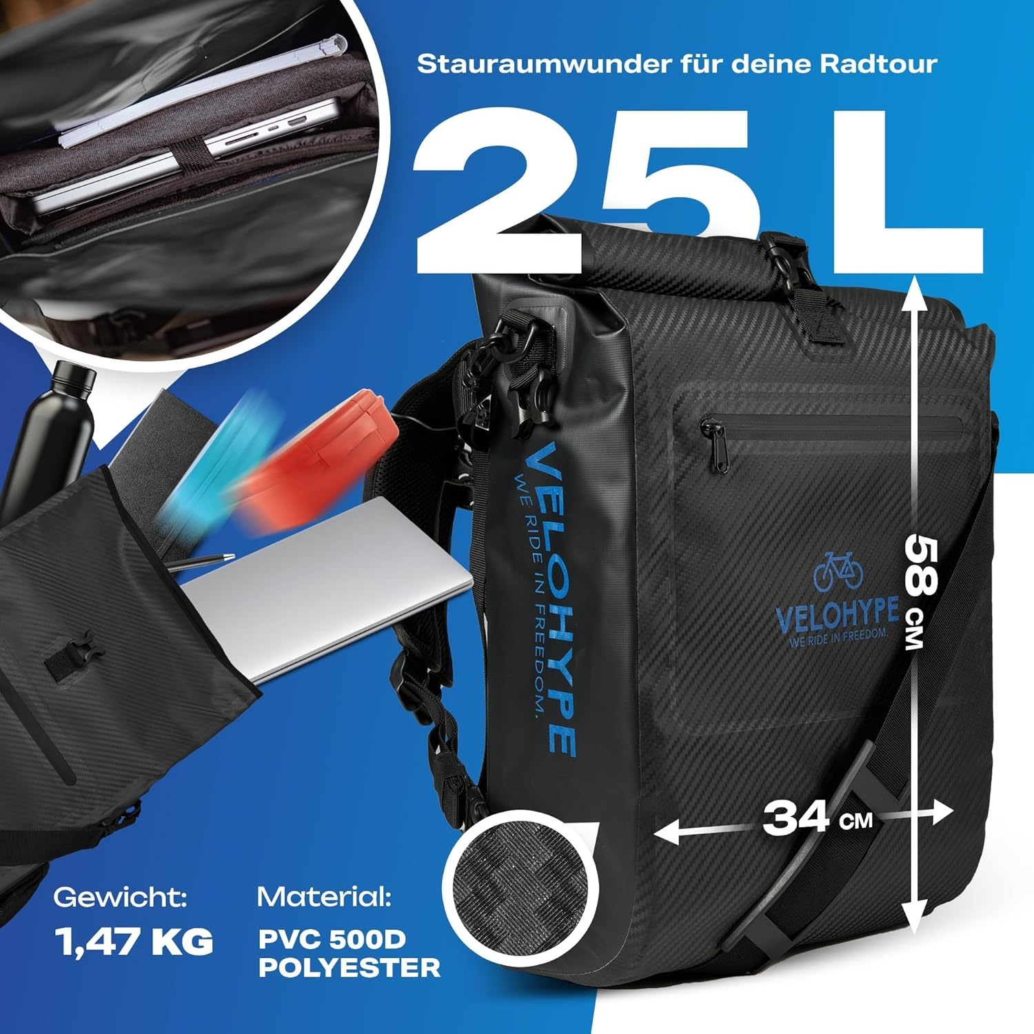 Carbon-hydroguard, 3-in-1 fietstas met helmnet voor bagagedrager, bagagedragertas, rugzak en schoudertas, 25 liter, fietstas waterdicht en reflecterend