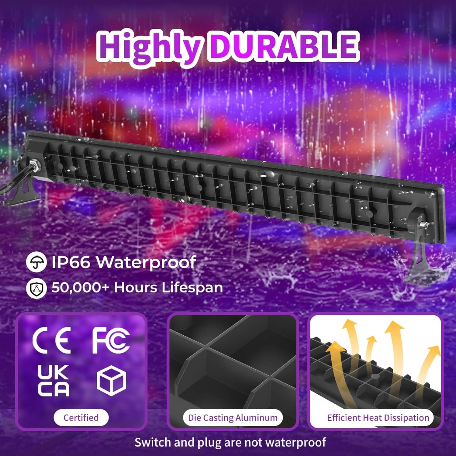 4 x 50 W led-blacklight-schijnwerper, uv-lamp 385 nm met schakelaar en 180 graden verstelbare houder, IP66 waterdicht, blacklight lamp voor feestjes of Halloween decoratie