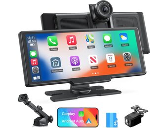 Avylet Draadloos Apple Carplay-scherm, Android Auto, met 4K Dash Cam, 1080P achteruitrijcamera, 9.26 inch draagbaar autoradio touchscreen, spraakbediening, GPS-navigatie, spiegelverbinding, Bluetooth