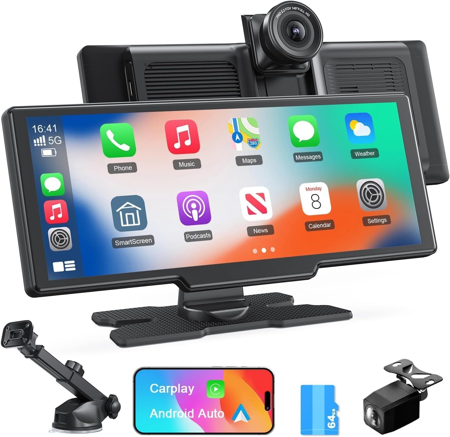 Avylet Draadloos Apple Carplay-scherm, Android Auto, met 4K Dash Cam, 1080P achteruitrijcamera, 9.26 inch draagbaar autoradio touchscreen, spraakbediening, GPS-navigatie, spiegelverbinding, Bluetooth