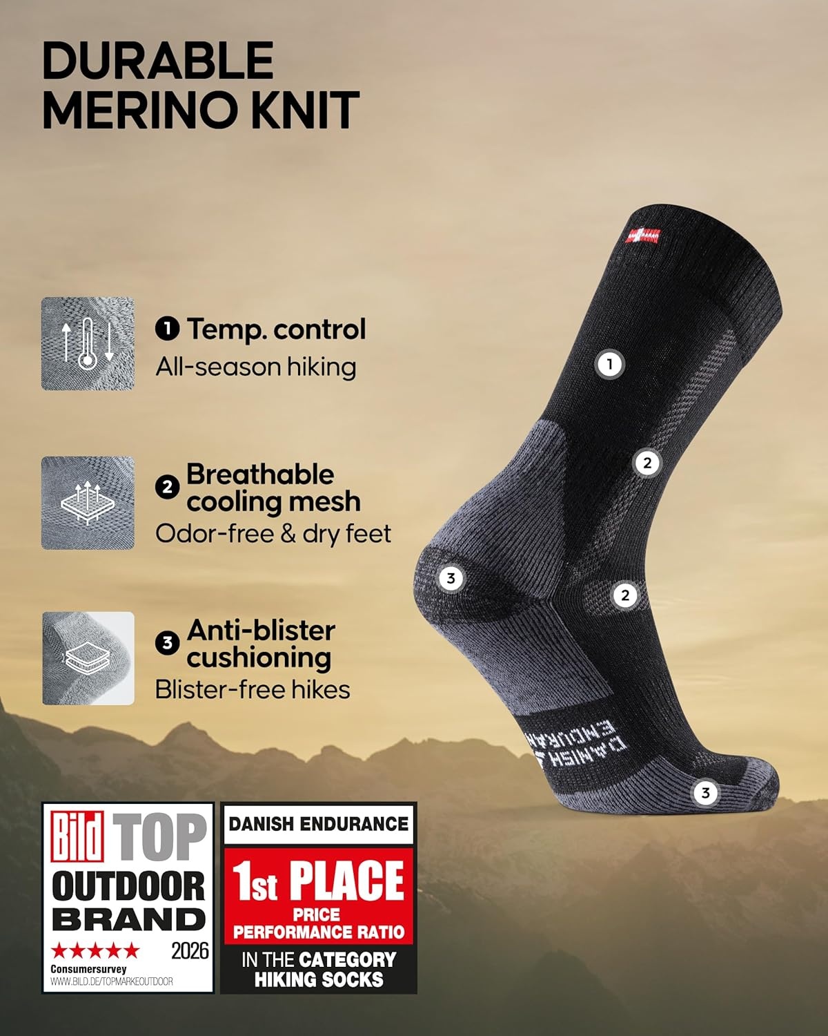 DANISH ENDURANCE Merino Wandel Sokken Heren & Dames - Ademend, Anti-Blaren - 3 of 5-Pack