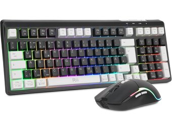 Rii Muis en toetsenbord draadloos gaming, toetsenbord muis set, bluetooth + 2,4 GHz verbinding, LED-achtergrondverlichting, oplaadbaar, QWERTZ