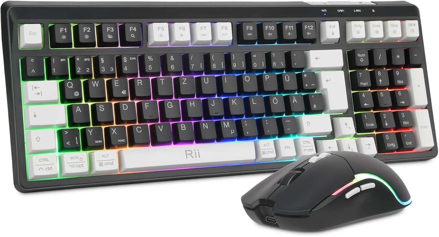 Rii Muis en toetsenbord draadloos gaming, toetsenbord muis set, bluetooth + 2,4 GHz verbinding, LED-achtergrondverlichting, oplaadbaar, QWERTZ