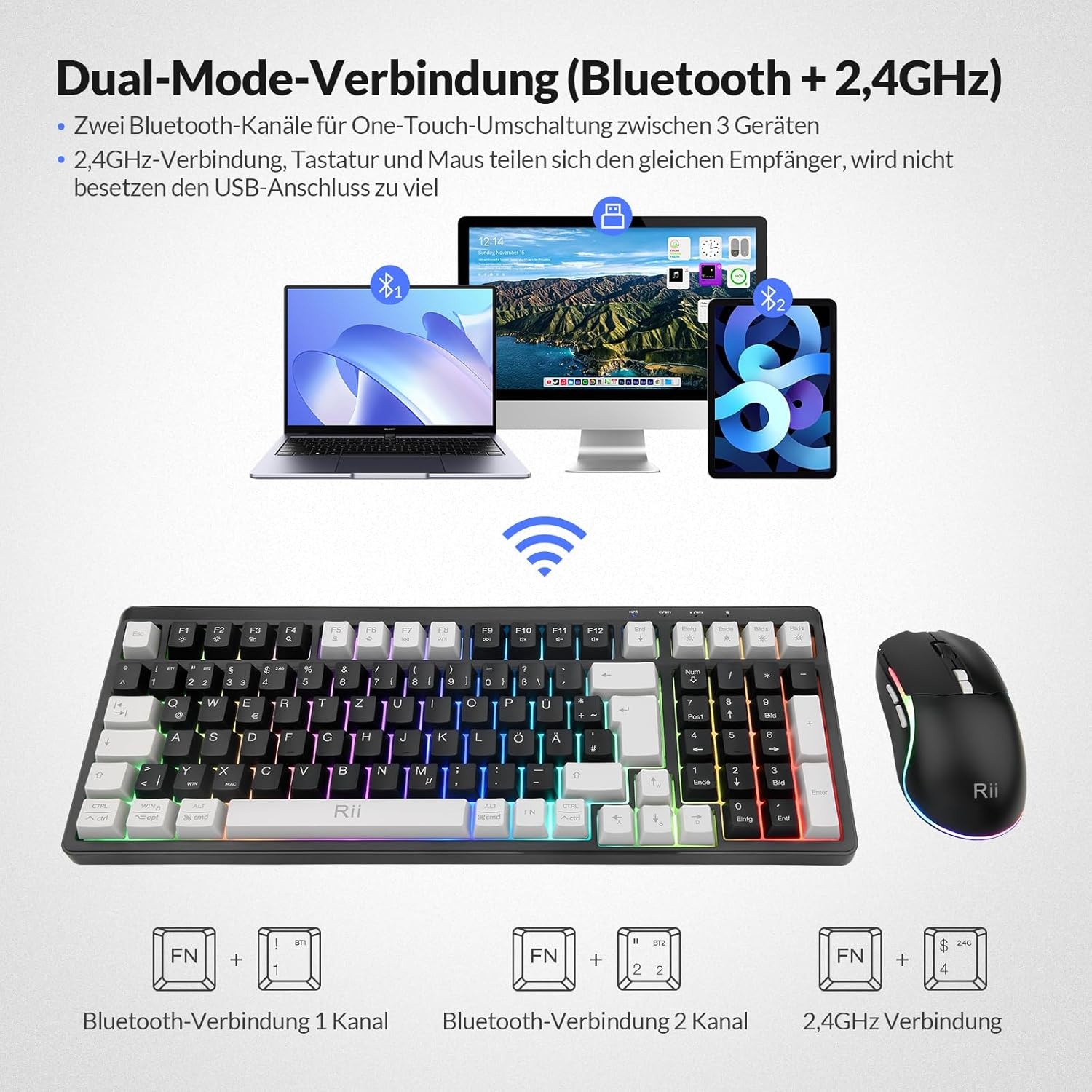 Rii Muis en toetsenbord draadloos gaming, toetsenbord muis set, bluetooth + 2,4 GHz verbinding, LED-achtergrondverlichting, oplaadbaar, QWERTZ