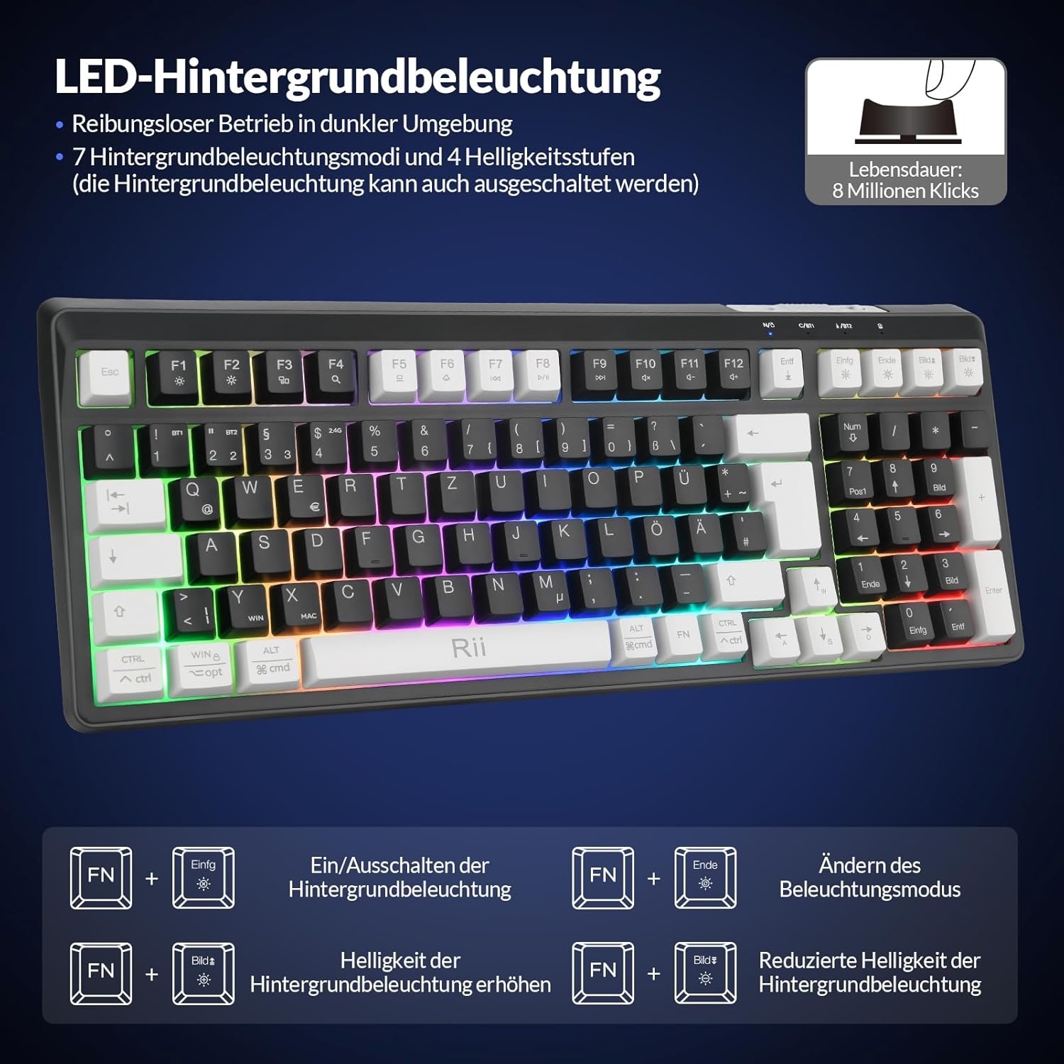 Rii Muis en toetsenbord draadloos gaming, toetsenbord muis set, bluetooth + 2,4 GHz verbinding, LED-achtergrondverlichting, oplaadbaar, QWERTZ