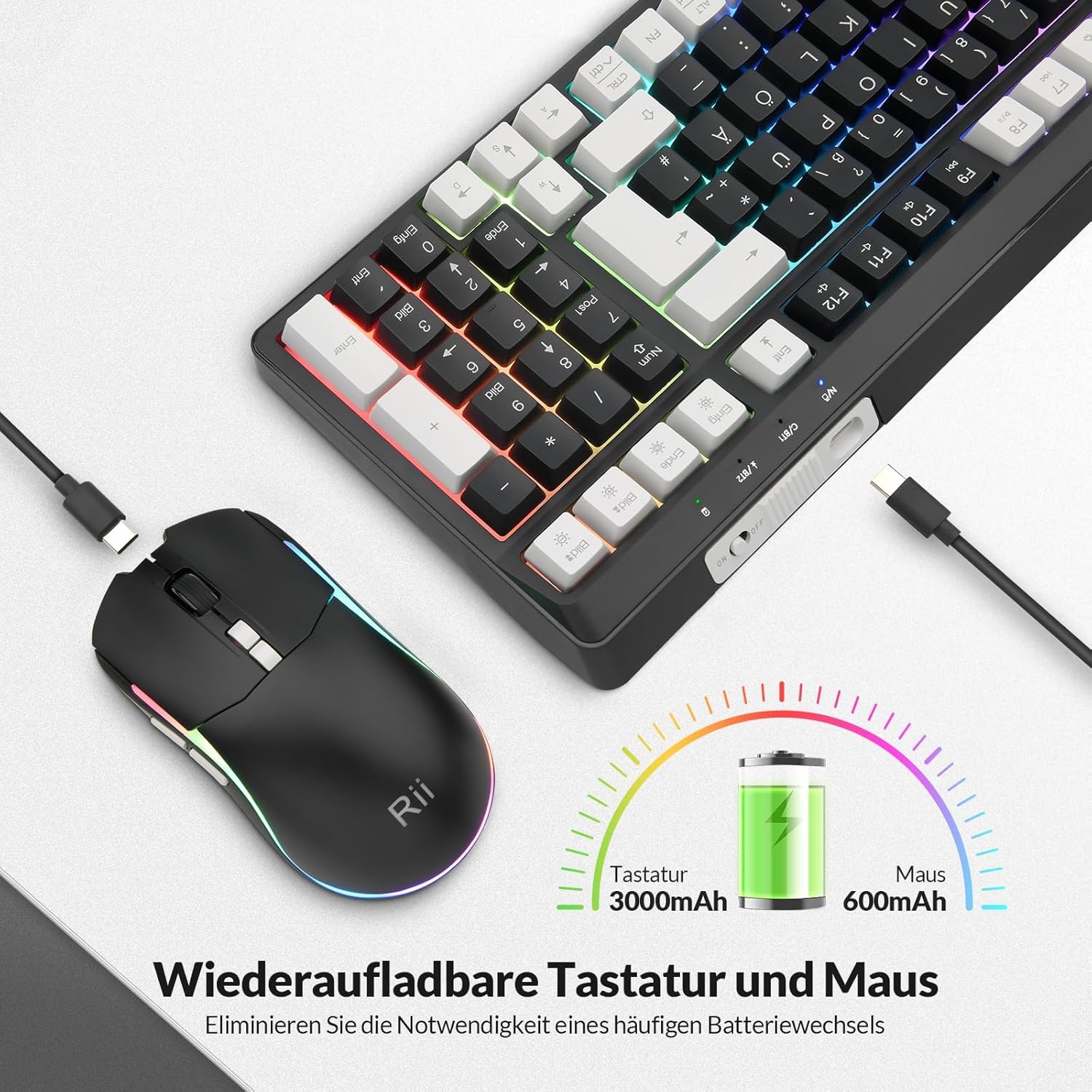 Rii Muis en toetsenbord draadloos gaming, toetsenbord muis set, bluetooth + 2,4 GHz verbinding, LED-achtergrondverlichting, oplaadbaar, QWERTZ