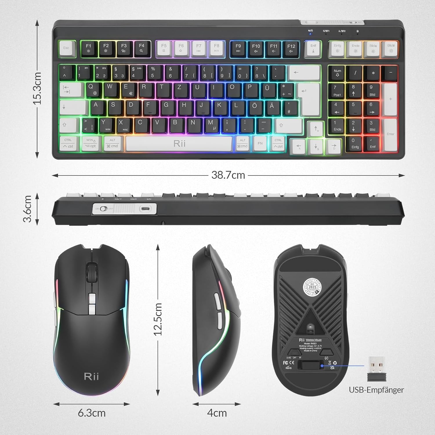 Rii Muis en toetsenbord draadloos gaming, toetsenbord muis set, bluetooth + 2,4 GHz verbinding, LED-achtergrondverlichting, oplaadbaar, QWERTZ