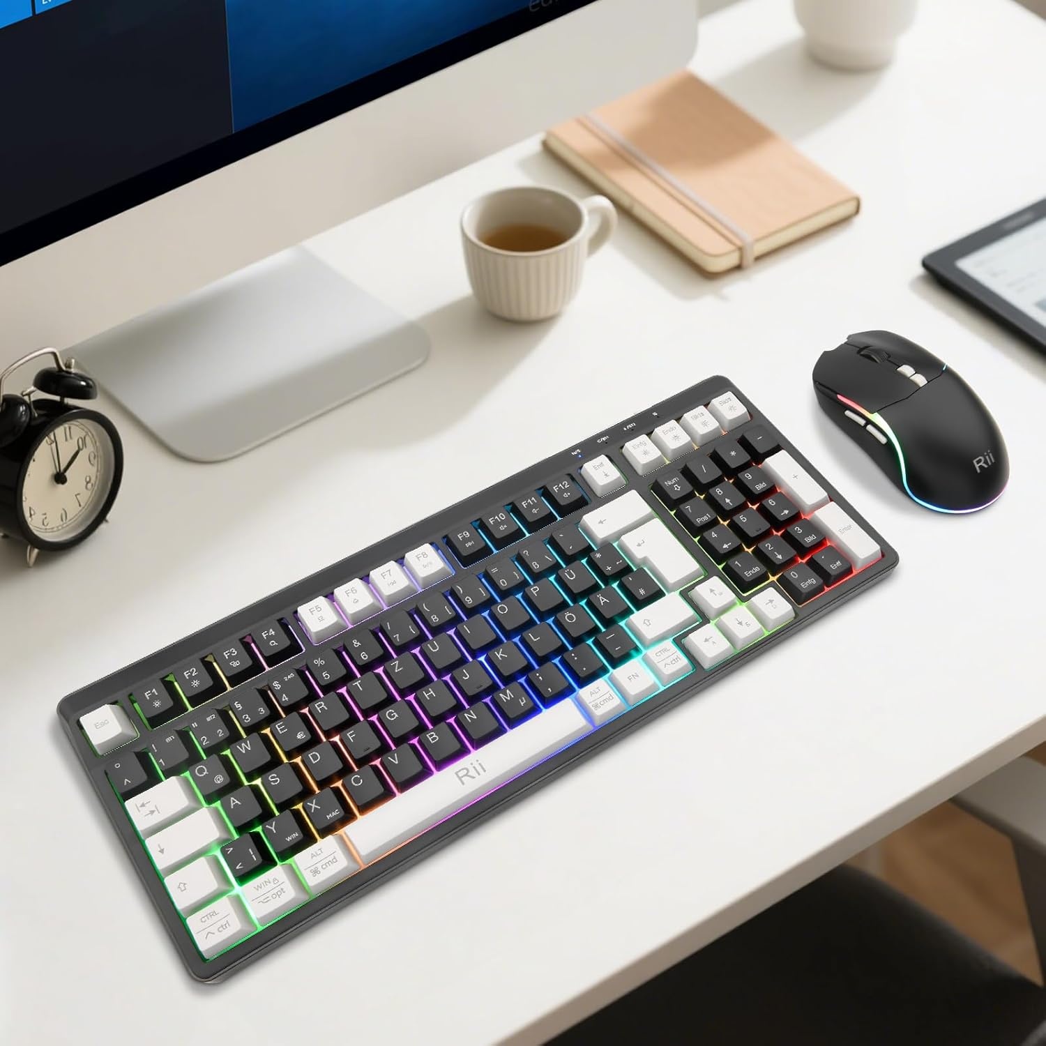 Rii Muis en toetsenbord draadloos gaming, toetsenbord muis set, bluetooth + 2,4 GHz verbinding, LED-achtergrondverlichting, oplaadbaar, QWERTZ