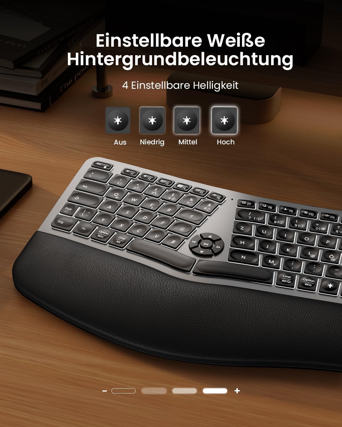 Ergonomisch draadloos toetsenbord full-size QWERTZ met polssteun, split design, Bluetooth & USB voor Windows, Mac & Android