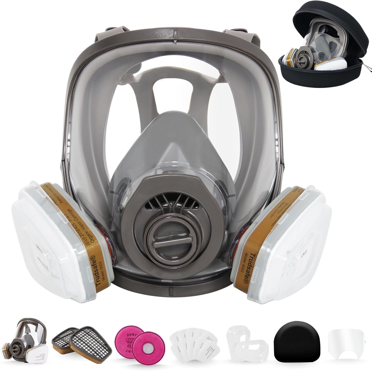 Trudsafe Volgelaatsmasker met harde schaal, adembeschermingsmasker met filter en 10 stuks lensbescherming, gezichtsafdekking, lakmasker voor verfspuiten, voor organische damp en stof