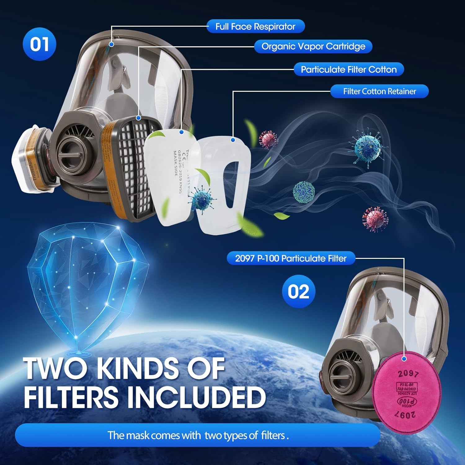 Trudsafe Volgelaatsmasker met harde schaal, adembeschermingsmasker met filter en 10 stuks lensbescherming, gezichtsafdekking, lakmasker voor verfspuiten, voor organische damp en stof