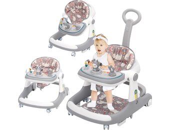 Loophulp voor baby's, 3-in-1 loophulp van zitten tot staan, meerdere afneembare modus, entertainment-leer-baby-activiteitstafel voor baby's, jongens en meisjes, grijs