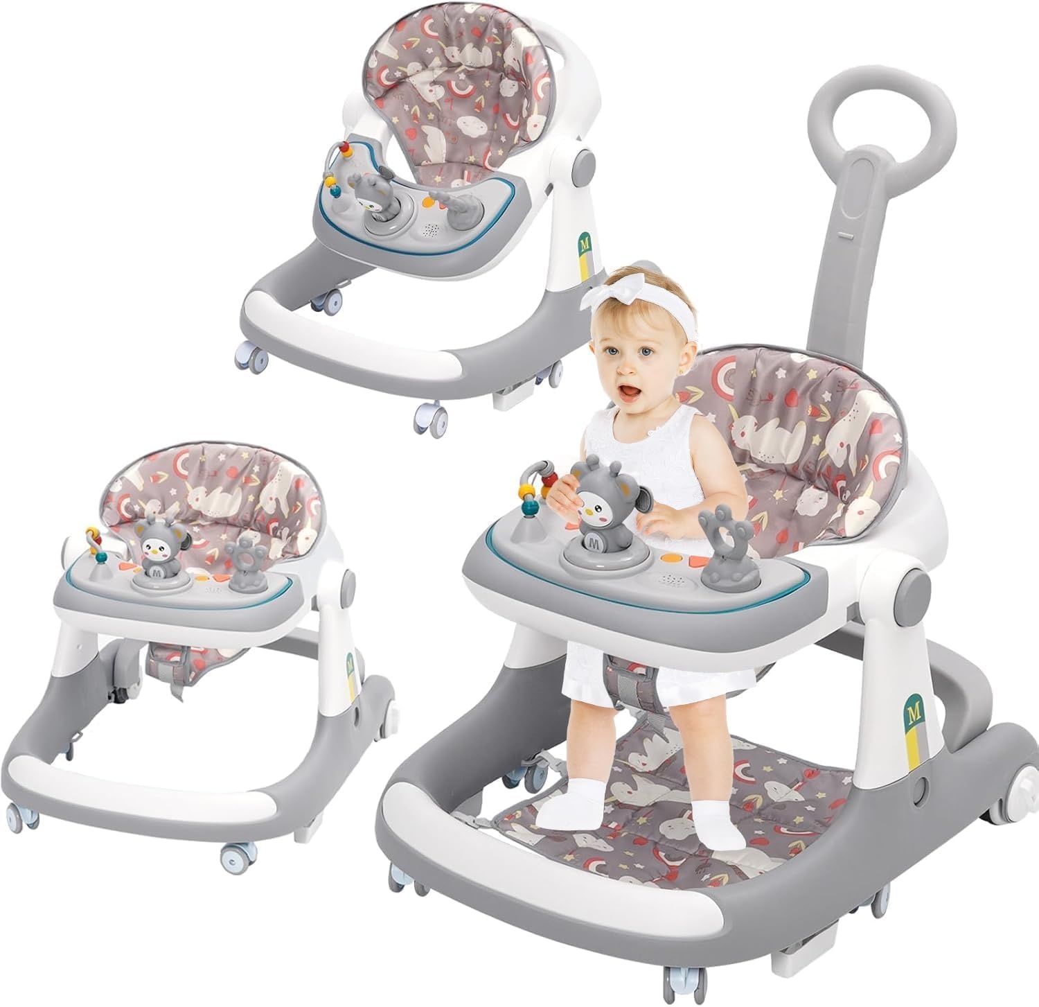 Loophulp voor baby's, 3-in-1 loophulp van zitten tot staan, meerdere afneembare modus, entertainment-leer-baby-activiteitstafel voor baby's, jongens en meisjes, grijs