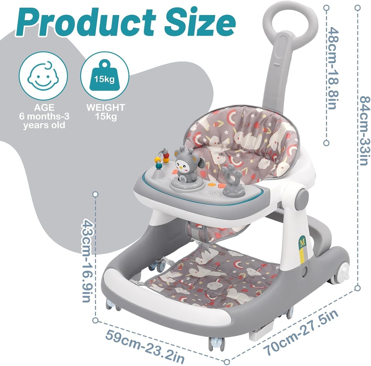 Loophulp voor baby's, 3-in-1 loophulp van zitten tot staan, meerdere afneembare modus, entertainment-leer-baby-activiteitstafel voor baby's, jongens en meisjes, grijs