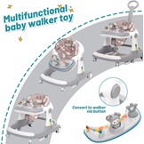 Loophulp voor baby's, 3-in-1 loophulp van zitten tot staan, meerdere afneembare modus, entertainment-leer-baby-activiteitstafel voor baby's, jongens en meisjes, grijs