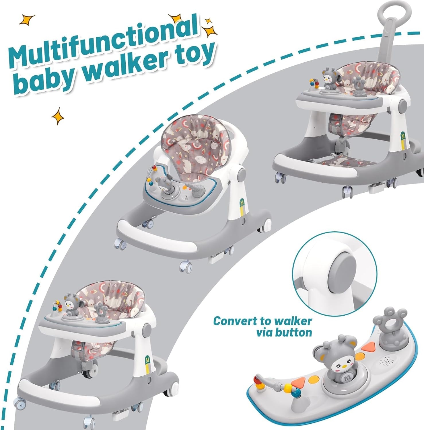 Loophulp voor baby's, 3-in-1 loophulp van zitten tot staan, meerdere afneembare modus, entertainment-leer-baby-activiteitstafel voor baby's, jongens en meisjes, grijs