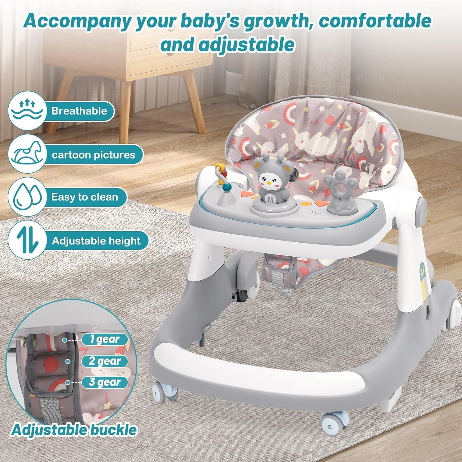 Loophulp voor baby's, 3-in-1 loophulp van zitten tot staan, meerdere afneembare modus, entertainment-leer-baby-activiteitstafel voor baby's, jongens en meisjes, grijs