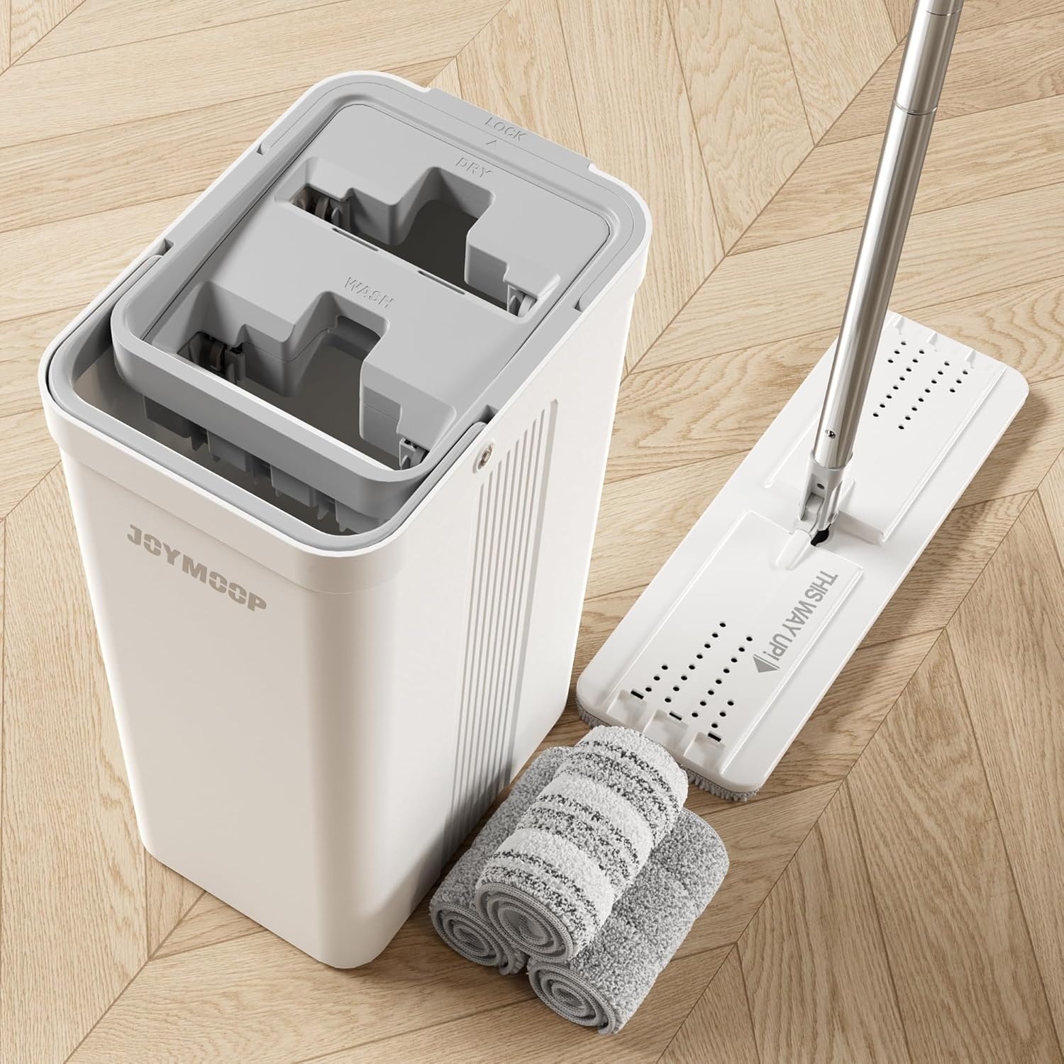 JOYMOOP Dweil Mop Set met Emmer en Wringer voor Thuis, Platte Vloer Mop en Emmersysteem, Moppen voor Vloerreiniging en Wandreiniger, met 3 Wasbare Microvezel Moppads