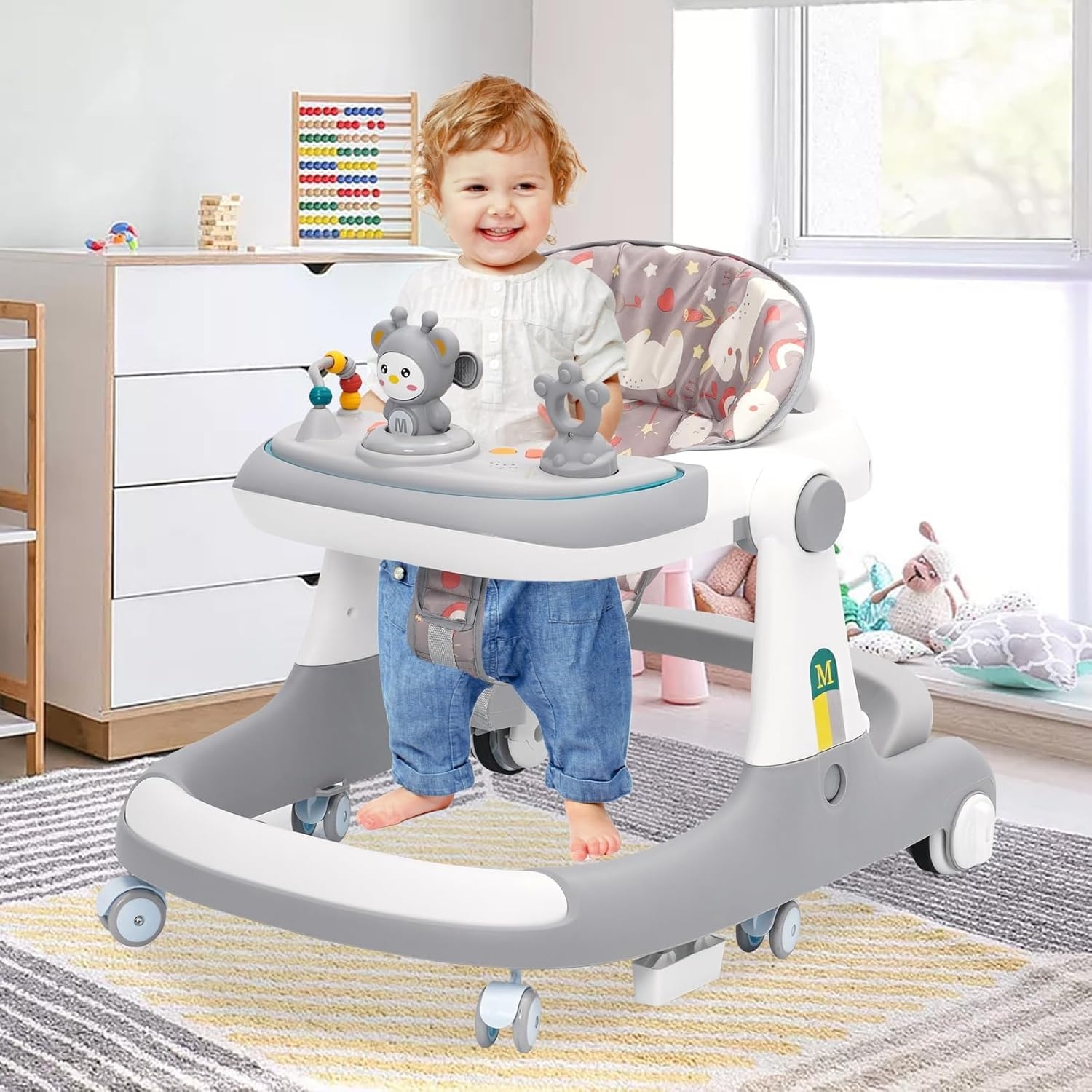 Loophulp voor baby's, 3-in-1 loophulp van zitten tot staan, meerdere afneembare modus, entertainment-leer-baby-activiteitstafel voor baby's, jongens en meisjes, grijs