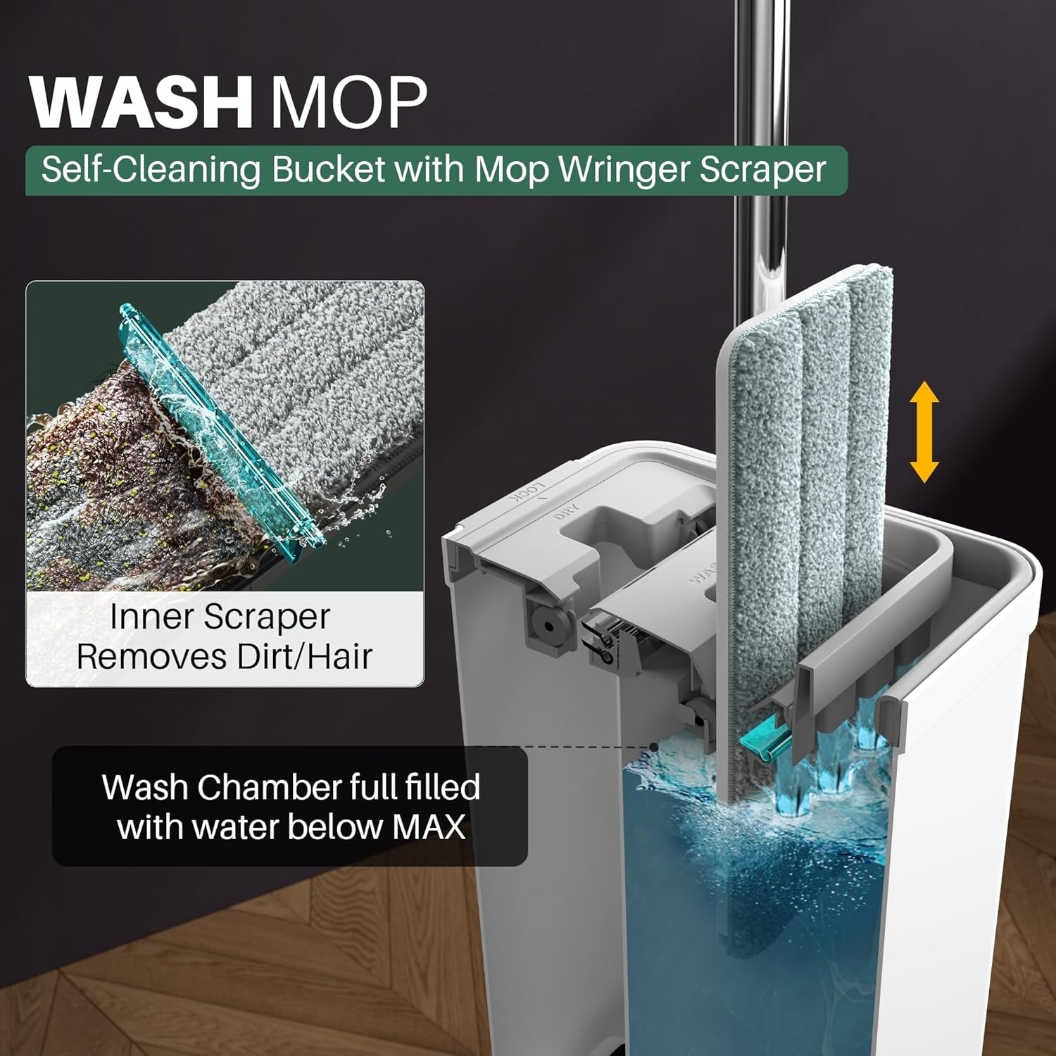 JOYMOOP Dweil Mop Set met Emmer en Wringer voor Thuis, Platte Vloer Mop en Emmersysteem, Moppen voor Vloerreiniging en Wandreiniger, met 3 Wasbare Microvezel Moppads