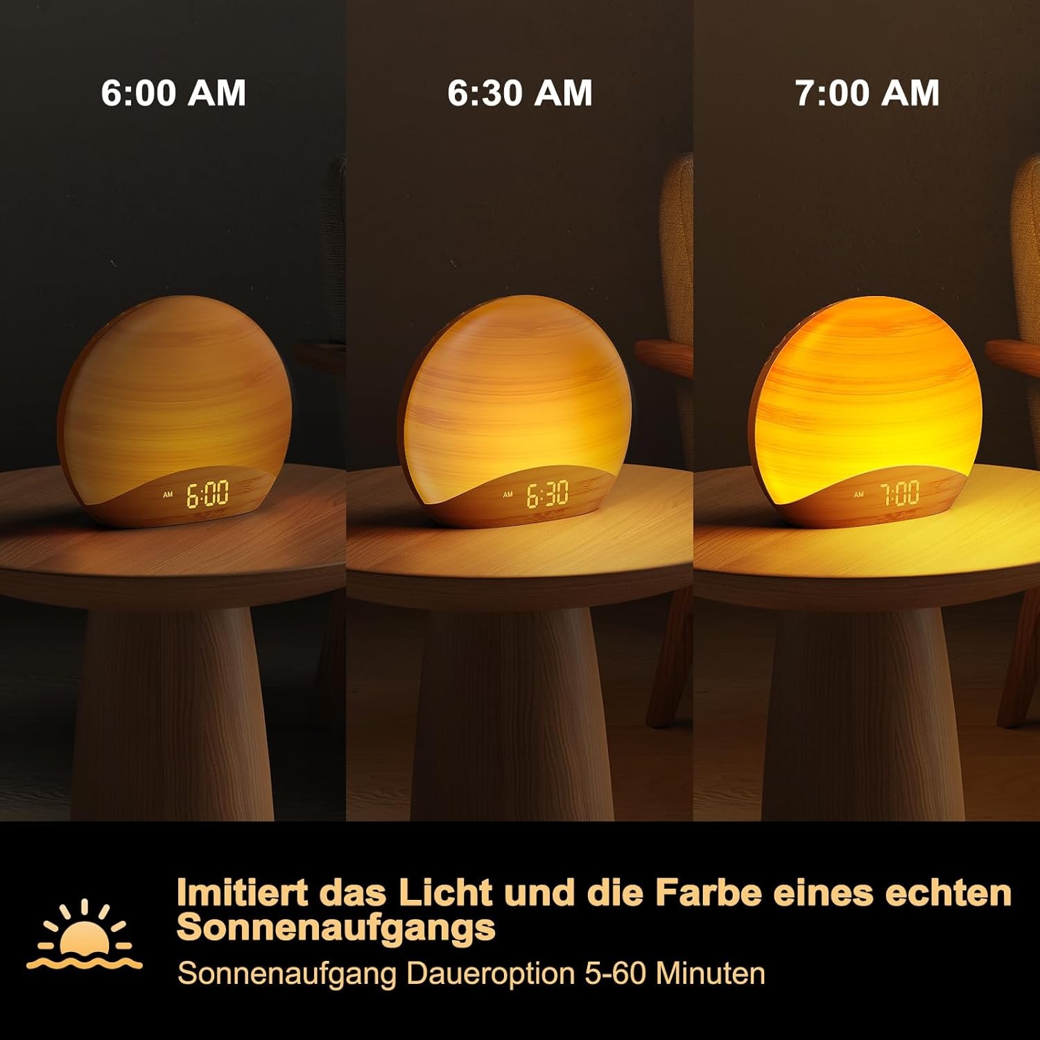 Daglichtwekker Houtdesign: Zonsopgang, 26 Slaapgeluiden & Nachtlamp (-40%)