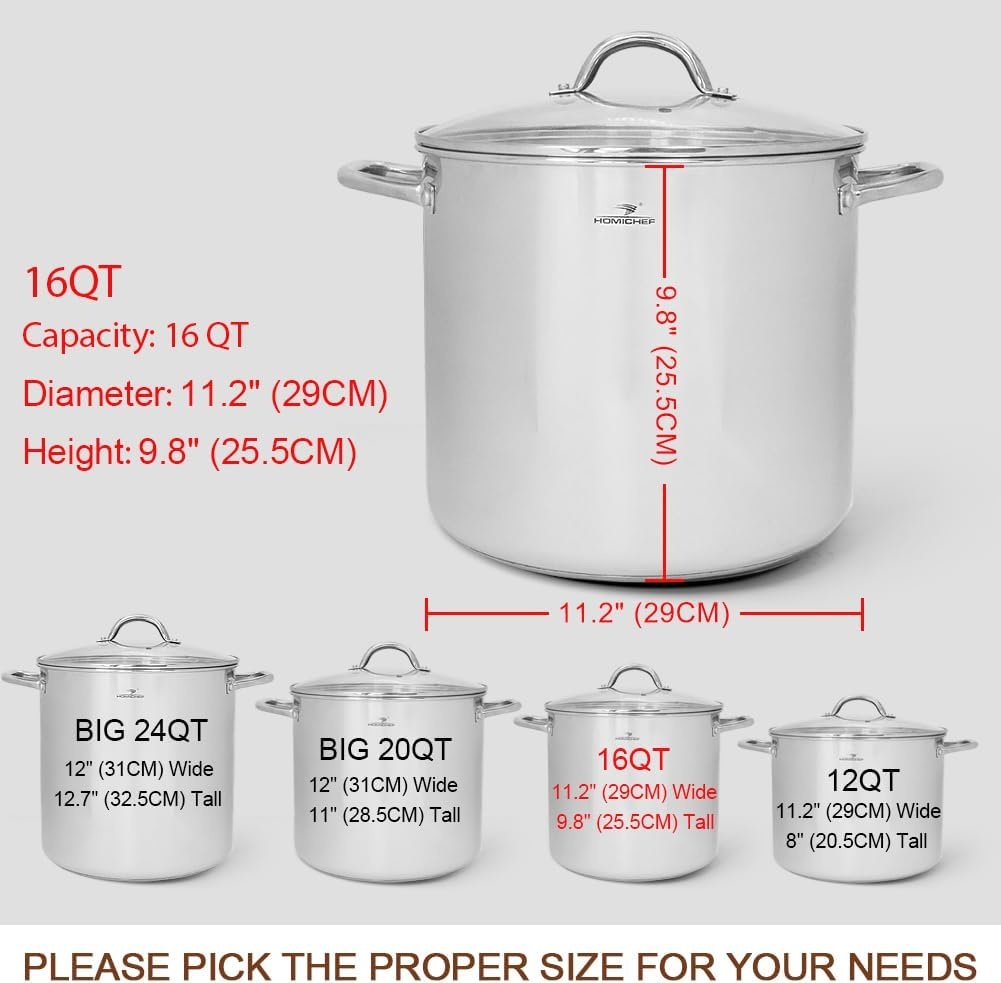 HOMICHEF 15L nikkelvrije roestvrijstalen voorraadpot met deksel - Mirror Polish Gezonde Kookpot (29cm) - Niet Giftige Heavy Duty Inductie Stockpot - Maat 15 Litre - 29cm Wide