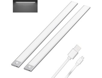 Klighten 2 stuks kastlampen met bewegingsmelder, 60 cm led-nachtlampje met 113 leds, USB-oplaadbaar, batterij-keukenlamp, kastverlichting, onderbouwlamp, auto/on/off, koud wit, zilver